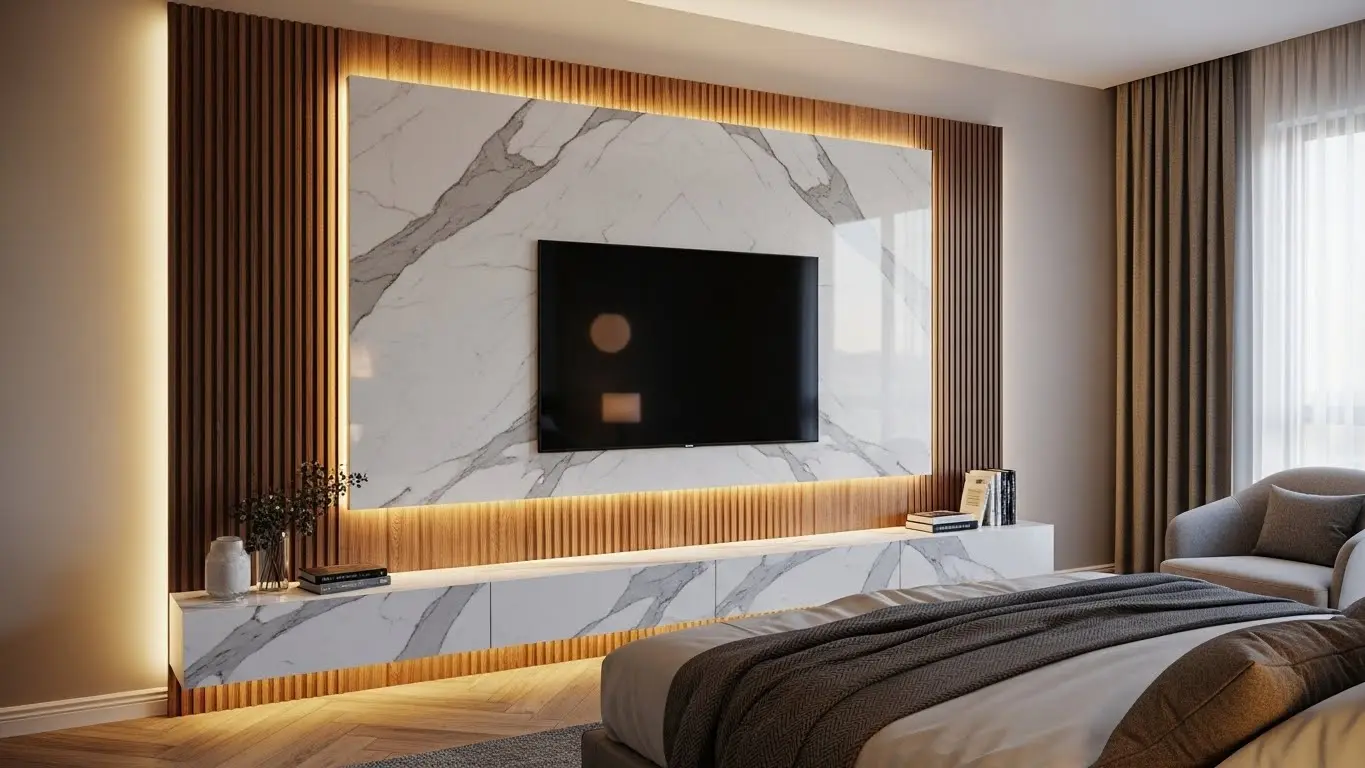Gaziantep yatak odası otel konforu: mermer görünümlü TV duvar panelleri, gizli LED aydınlatma sistemleri, 5 yıldızlı otel atmosferi ve lüks yatak odası tasarımı